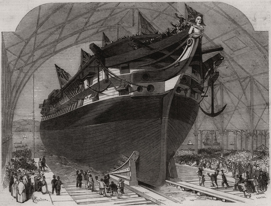 Launch of HMS James Watt, at the Royal Dockyard, Pembroke 1853 old print